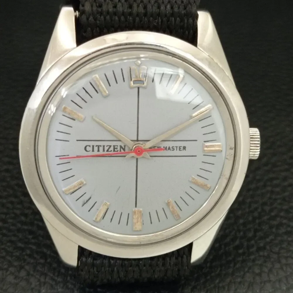 Vintage 1974 Citizen Manual Wound Mens Silver Watch & Red accents